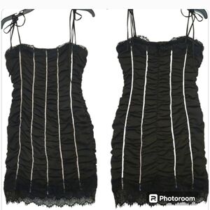 h:ours Revolve Black Ruched Lace Mini Dress Sz S